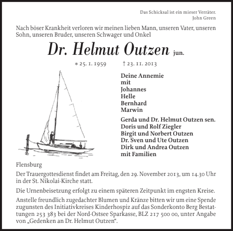  Traueranzeige für Dr. Helmut Outzen vom 26.11.2013 aus Flensburger Tageblatt
