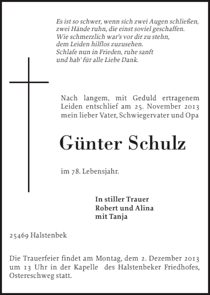  Traueranzeige für Günter Schulz vom 28.11.2013 aus Pinneberger Tageblatt