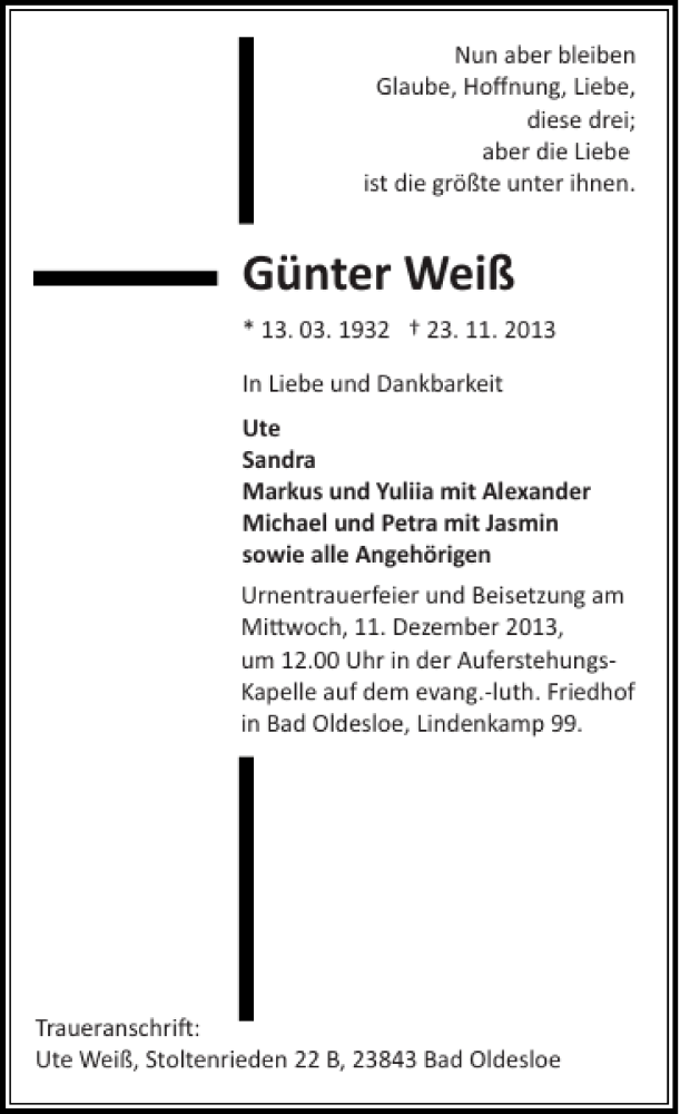  Traueranzeige für Günter Weiß vom 30.11.2013 aus Stormarner Tageblatt