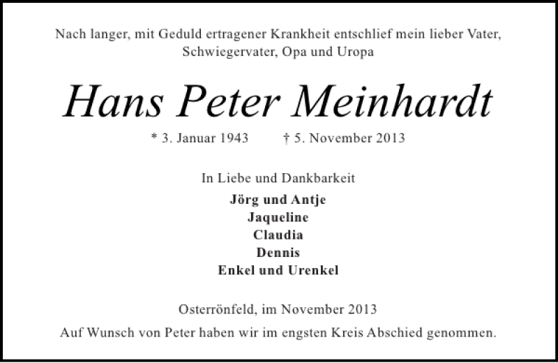  Traueranzeige für Hans Peter Meinhardt vom 16.11.2013 aus Landeszeitung
