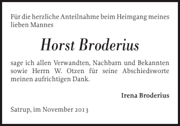 Traueranzeige von Horst Broderius von Flensburger Tageblatt