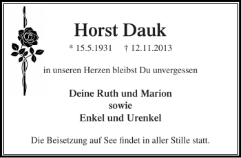 Traueranzeige von Horst Dauk von Stormarner Tageblatt