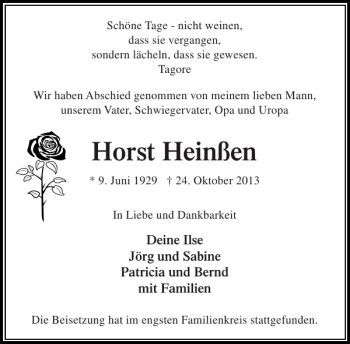 Traueranzeige von Horst Heinßen von Stormarner Tageblatt