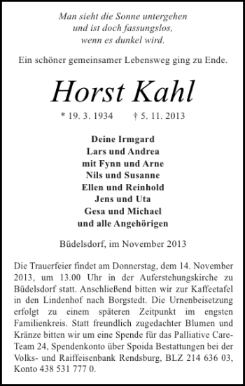 Traueranzeige von Horst Kahl von Landeszeitung