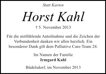 Traueranzeige von Horst Kahl von Landeszeitung