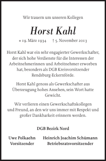 Traueranzeige von Horst Kahl von Landeszeitung