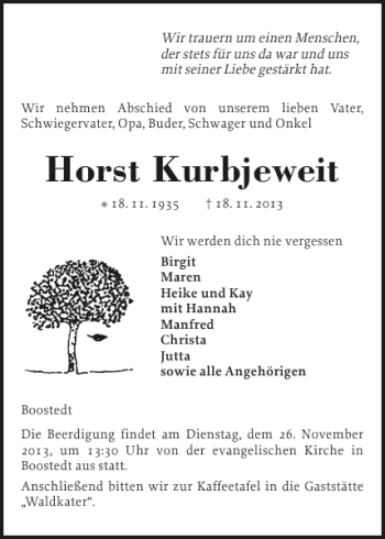 Traueranzeige von Horst Kurbjeweit von Holsteinischer Courier