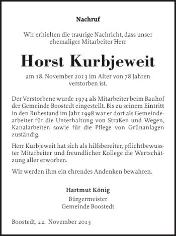 Traueranzeige von Horst Kurbjeweit von Holsteinischer Courier