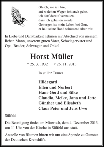Traueranzeige von Horst Müller von Stormarner Tageblatt
