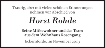 Traueranzeige von Horst Rohde von Eckernförder Zeitung