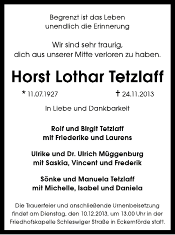 Traueranzeige von Horst Lothar Tetzlaff von Eckernförder Zeitung