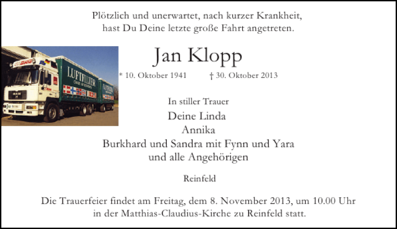  Traueranzeige für Jan Klopp vom 02.11.2013 aus Stormarner Tageblatt