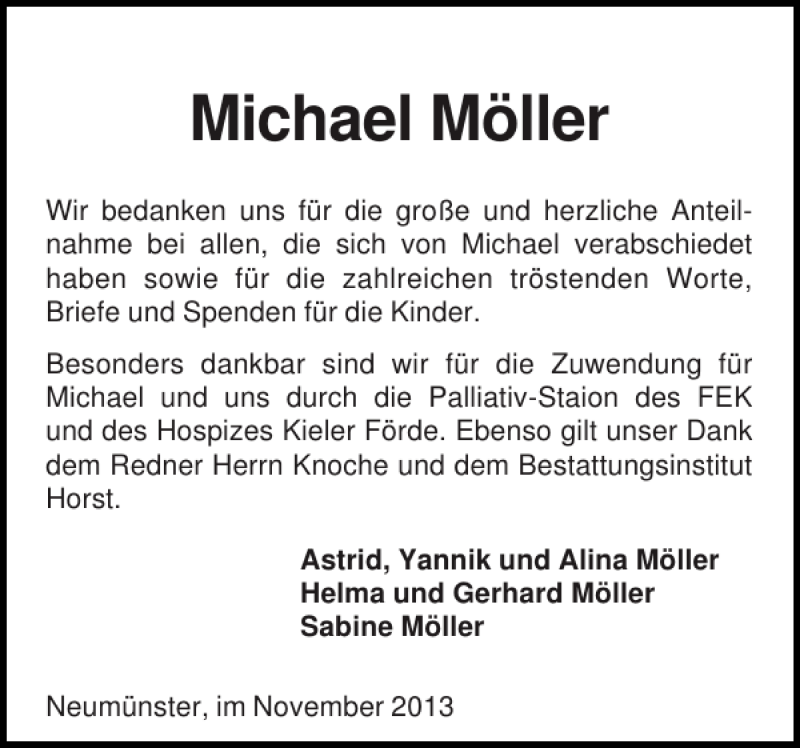  Traueranzeige für Michael Möller vom 30.11.2013 aus Holsteinischer Courier