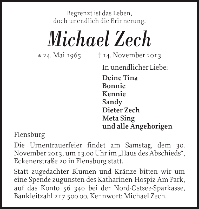  Traueranzeige für Michael Zech vom 23.11.2013 aus Flensburger Tageblatt
