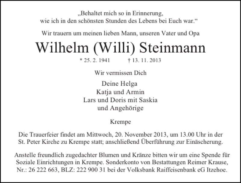  Traueranzeige für Wilhelm Willi Steinmann vom 16.11.2013 aus Norddeutsche Rundschau