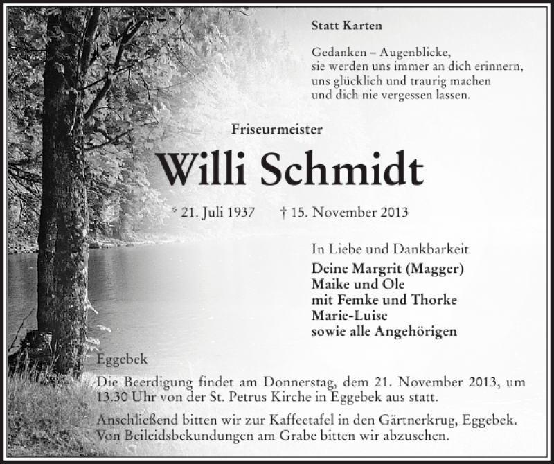  Traueranzeige für Willi Schmidt vom 18.11.2013 aus Flensburger Tageblatt