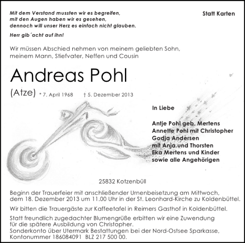  Traueranzeige für Andreas Pohl vom 11.12.2013 aus Husumer Nachrichten