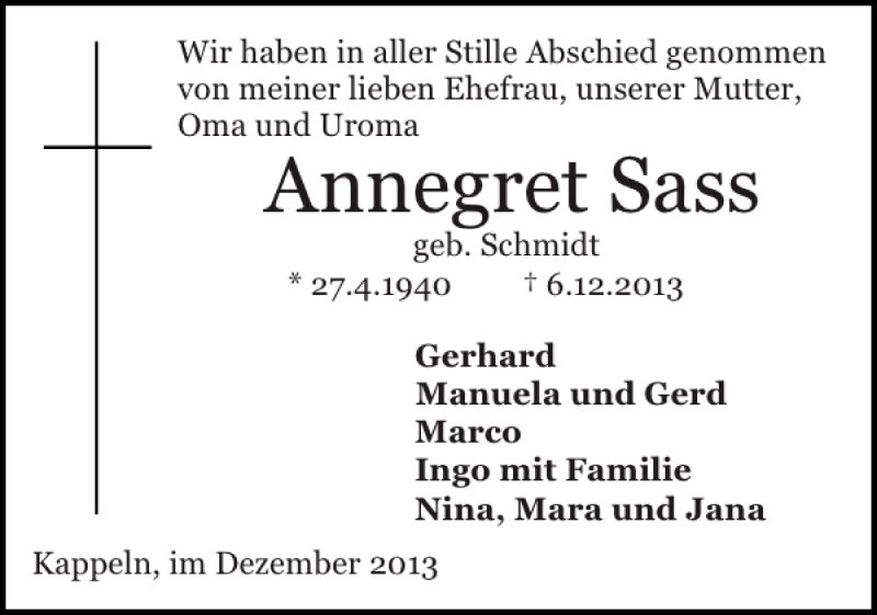  Traueranzeige für Annegret Sass vom 21.12.2013 aus Schlei-Bote