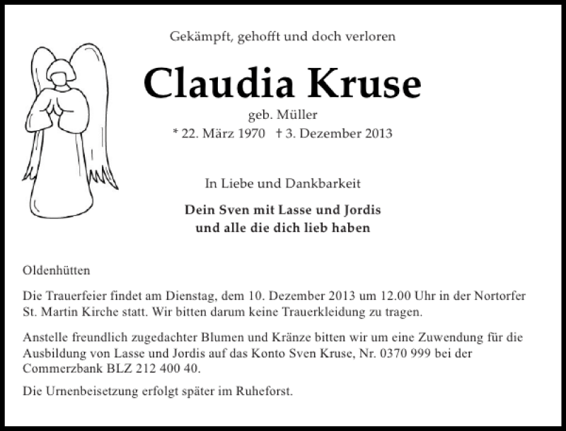  Traueranzeige für Claudia Kruse vom 06.12.2013 aus Landeszeitung