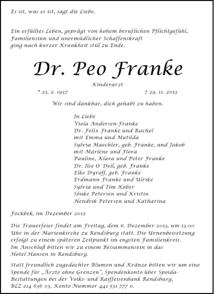  Traueranzeige für Dr. Peo Franke vom 03.12.2013 aus Landeszeitung