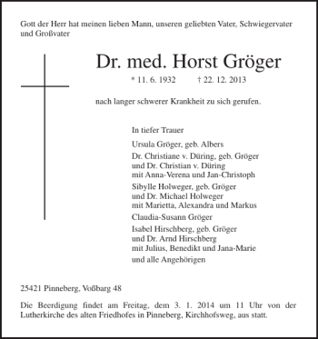 Traueranzeige von Dr. med. Horst Gröger von Pinneberger Tageblatt