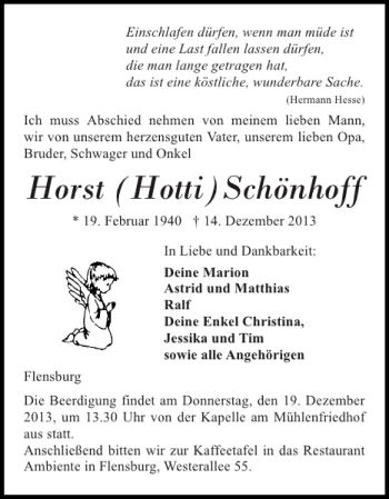 Traueranzeige von Horst (Hotti)Schönhoff von Flensburger Tageblatt