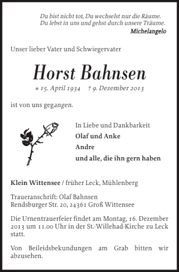 Traueranzeige von Horst Bahnsen von Flensburger Tageblatt