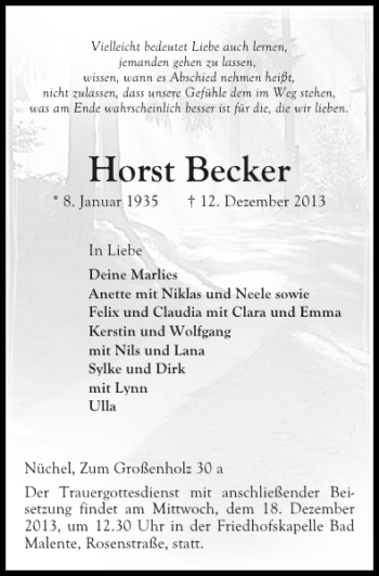 Traueranzeige von Horst Becker von Ostholsteiner Anzeiger