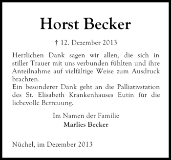Traueranzeige von Horst Becker von Ostholsteiner Anzeiger