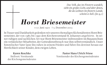 Traueranzeige von Horst Briesemeister von Landeszeitung