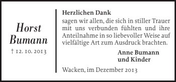 Traueranzeige von Horst Bumann von Norddeutsche Rundschau
