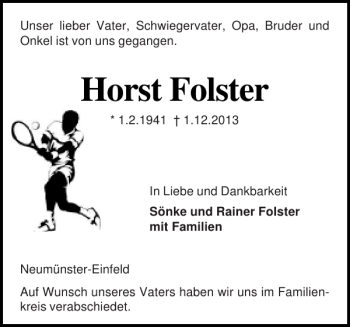 Traueranzeige von Horst Folster von Holsteinischer Courier