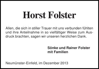 Traueranzeige von Horst Folster von Holsteinischer Courier
