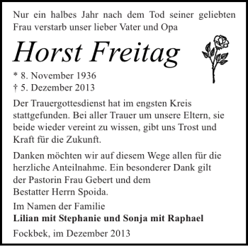 Traueranzeige von Horst Freitag von Landeszeitung