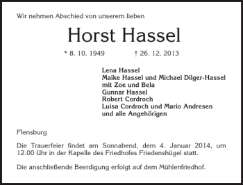 Traueranzeige von Horst Hassel von Flensburger Tageblatt