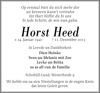 Traueranzeige von Horst Heed von Husumer Nachrichten