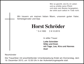Traueranzeige von Horst Schröder von Holsteinischer Courier