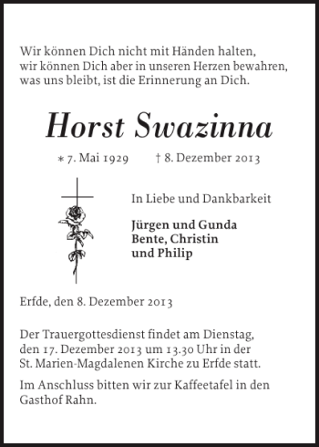 Traueranzeige von Horst Swazinna von Landeszeitung
