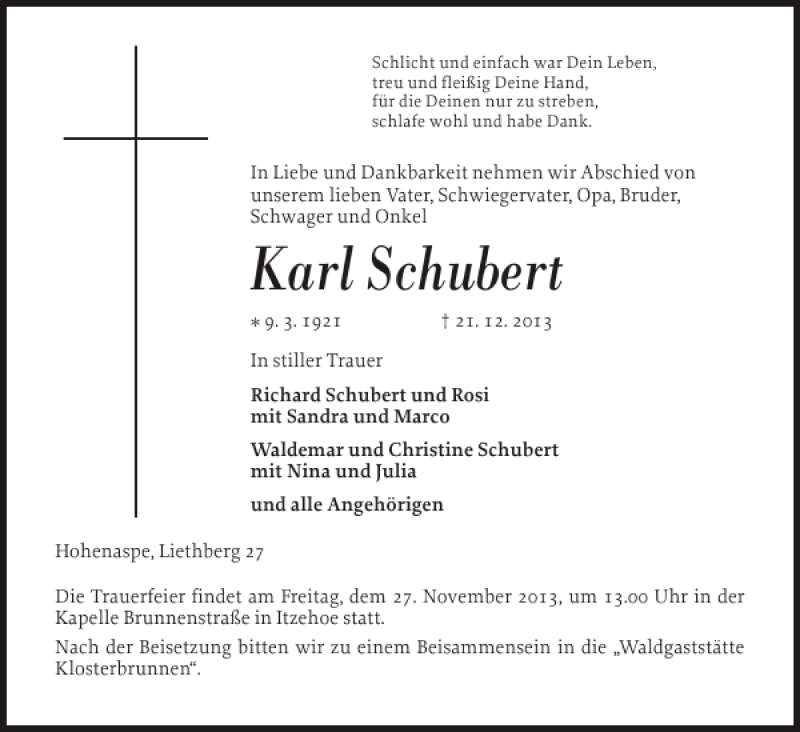  Traueranzeige für Karl Schubert vom 24.12.2013 aus Norddeutsche Rundschau