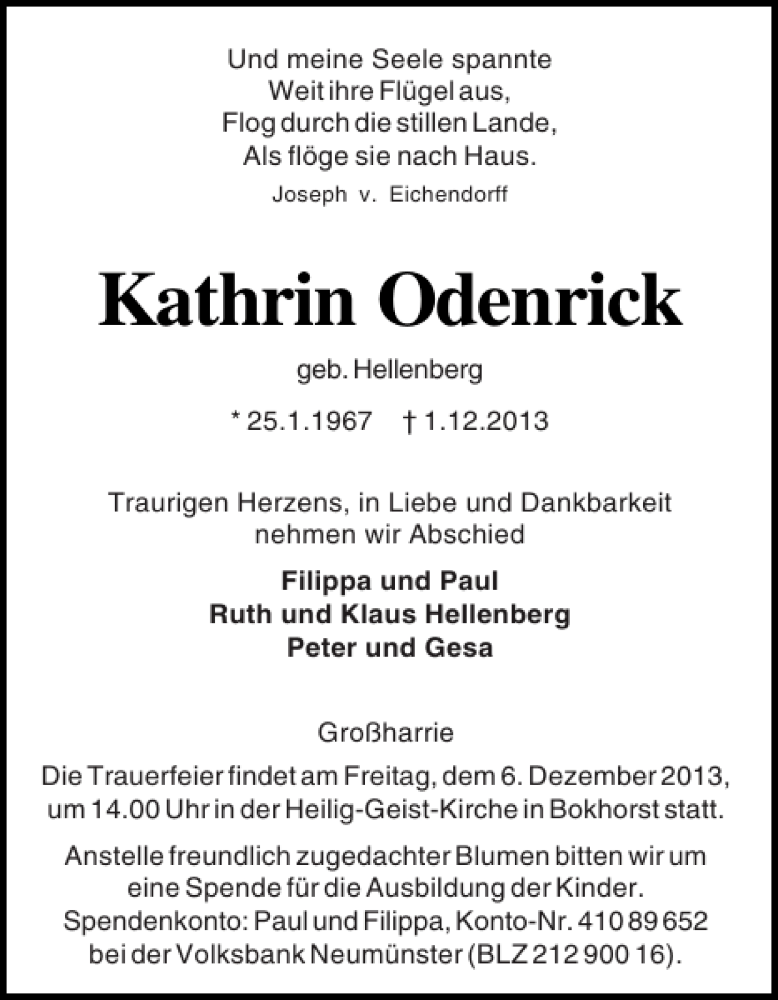  Traueranzeige für Kathrin Odenrick vom 04.12.2013 aus Holsteinischer Courier