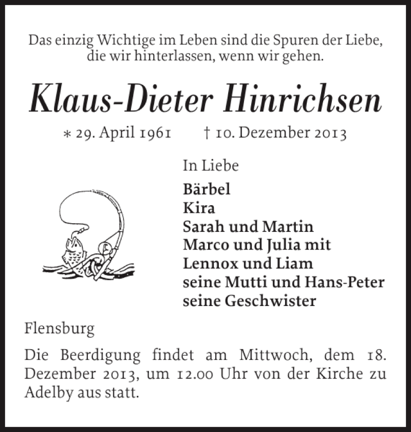  Traueranzeige für Klaus-Dieter Hinrichsen vom 14.12.2013 aus Flensburger Tageblatt