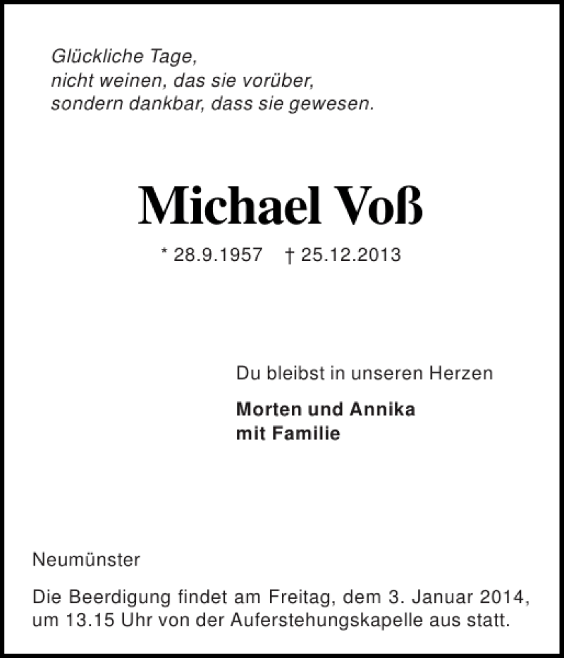  Traueranzeige für Michael Voß vom 30.12.2013 aus Holsteinischer Courier