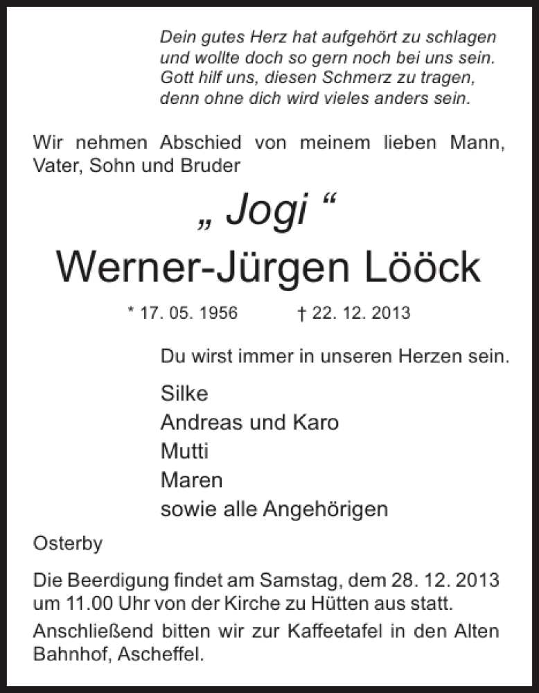  Traueranzeige für Werner-Jürgen Lööck vom 24.12.2013 aus Eckernförder Zeitung