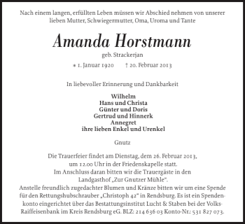 Traueranzeige von Amanda Horstmann von Landeszeitung