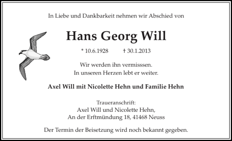  Traueranzeige für Hans Georg vom 02.02.2013 aus Sylter Rundschau