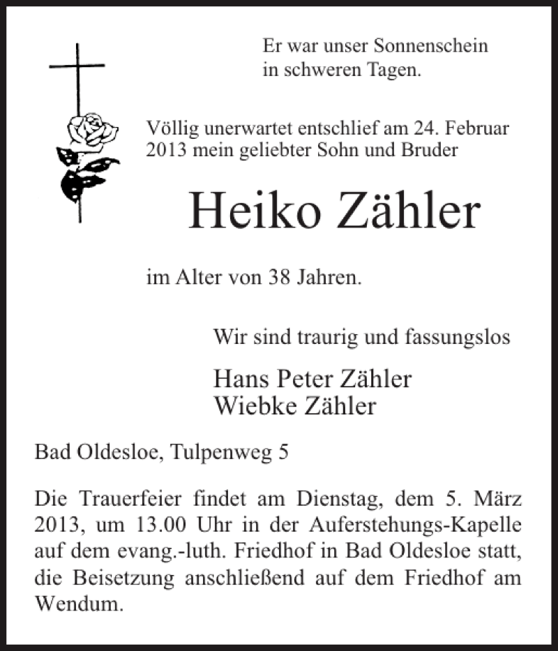  Traueranzeige für Heiko Zähler vom 27.02.2013 aus Stormarner Tageblatt