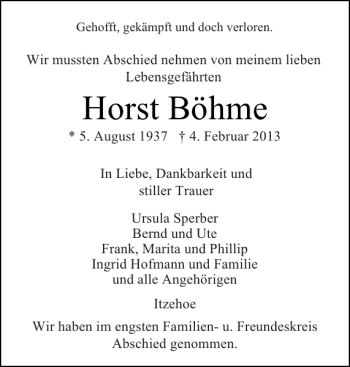 Traueranzeige von Horst Böhme von Norddeutsche Rundschau