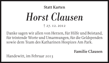 Traueranzeige von Horst Clausen von Flensburger Tageblatt