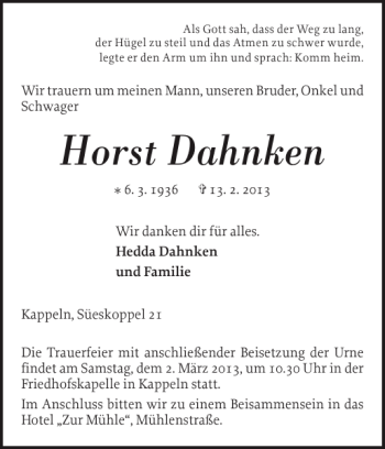 Traueranzeige von Horst Dahnken von Schlei-Bote
