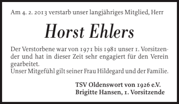Traueranzeige von Horst Ehlers von Husumer Nachrichten
